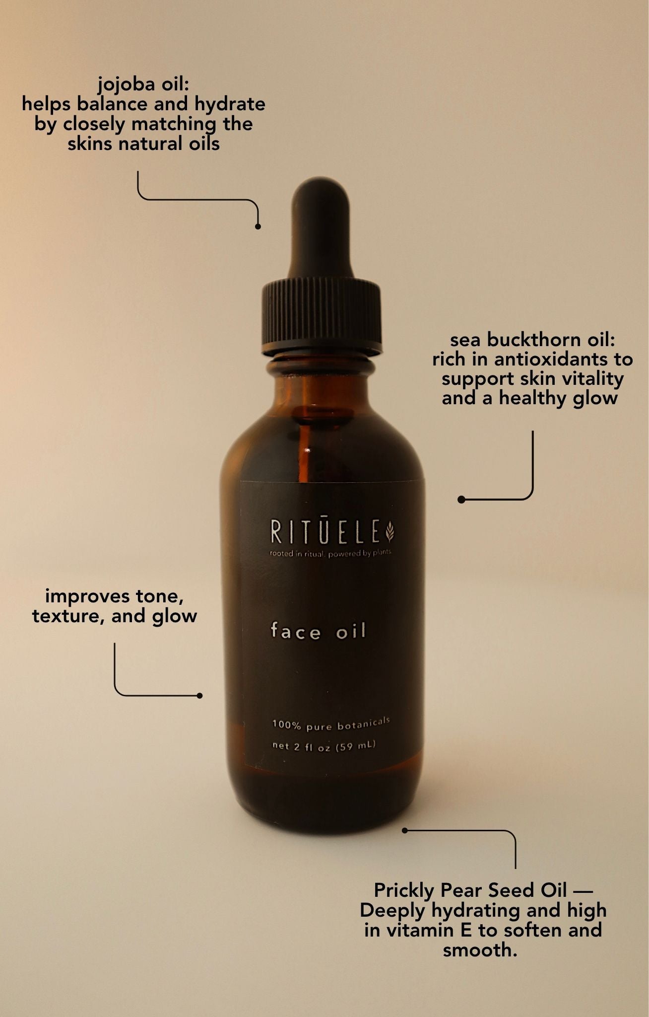 Rituel skincare face oil bottle with text about ingredients on a beige background