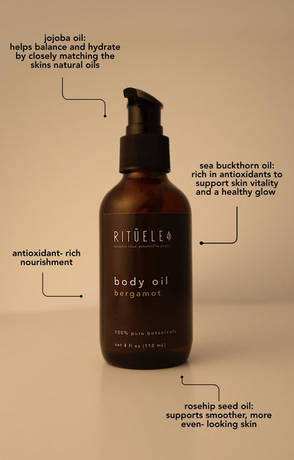 Brown bottle of Rituel body oil with text on a beige background