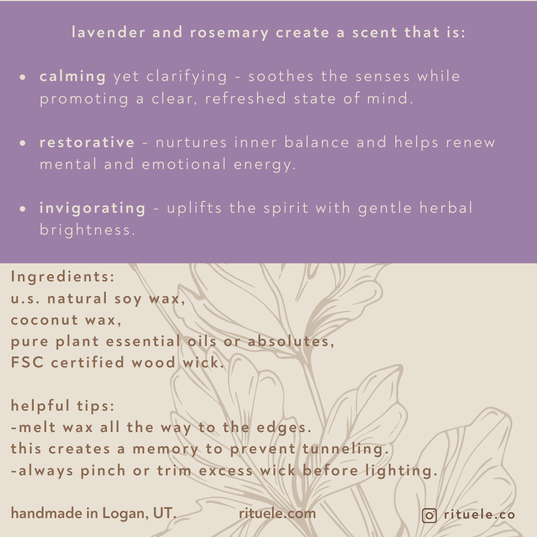 Product description card with lavender and rosemary scents, ingredients, and tips on a purple and beige background.