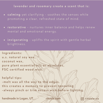 Product description card with lavender and rosemary scents, ingredients, and tips on a purple and beige background.