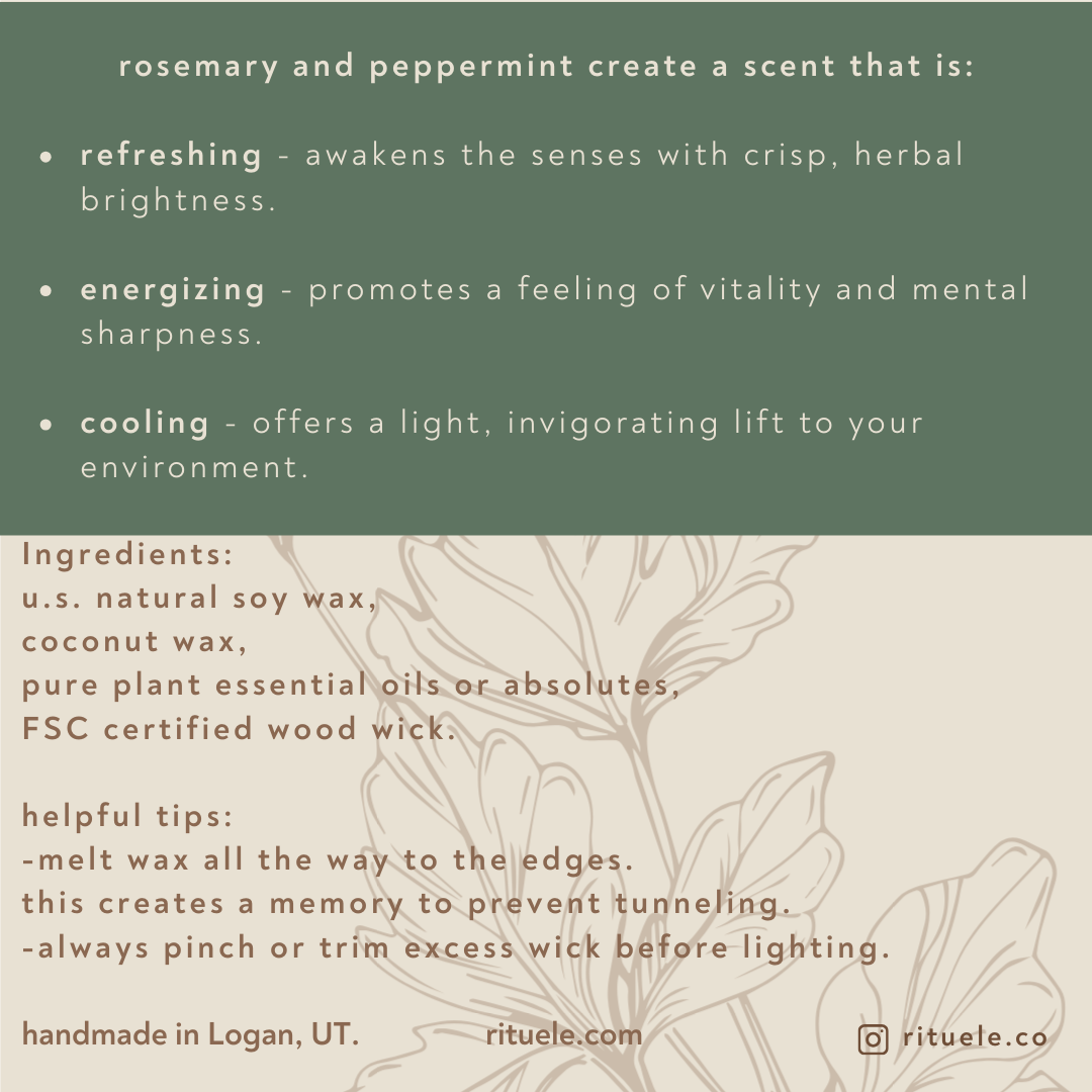 Text describing the scent, ingredients, and tips for a candle with rosemary and peppermint.