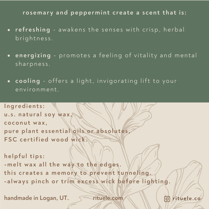 Text describing the scent, ingredients, and tips for a candle with rosemary and peppermint.