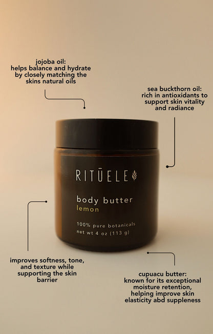 Rituele body butter jar with text about ingredients and benefits on a beige background