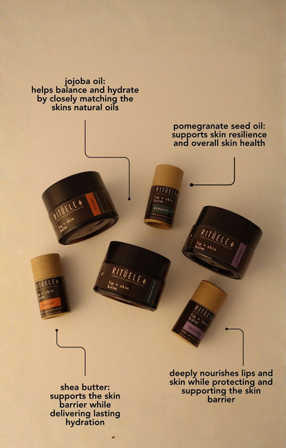 Skincare products with labels on a beige background