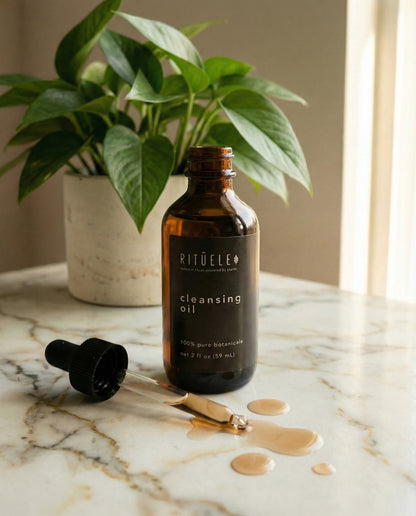 Rituele cleansing oil bottle with dropper on a marble surface with a plant in the background