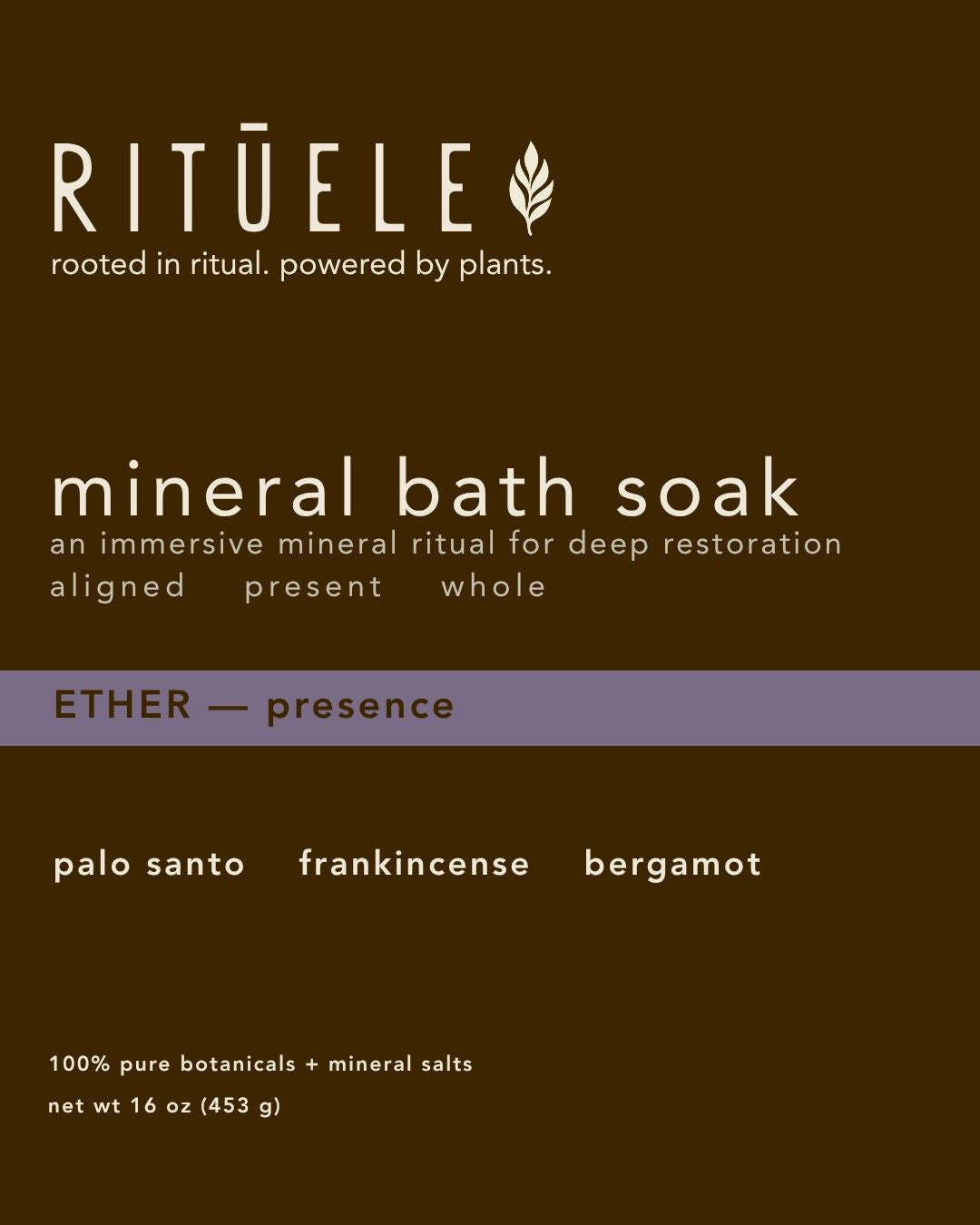 Ritūele mineral bath soak packaging with product details on a brown background