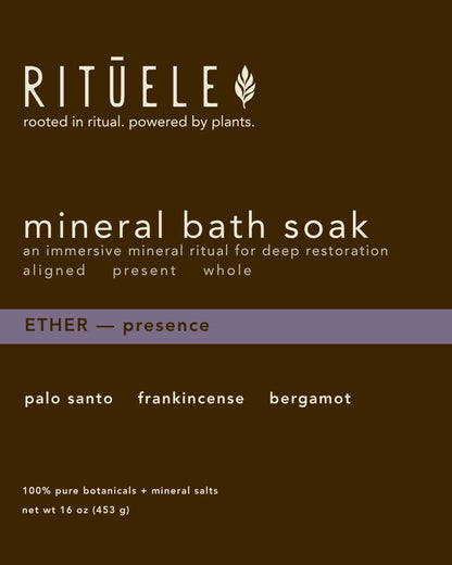 Ritūele mineral bath soak packaging with product details on a brown background