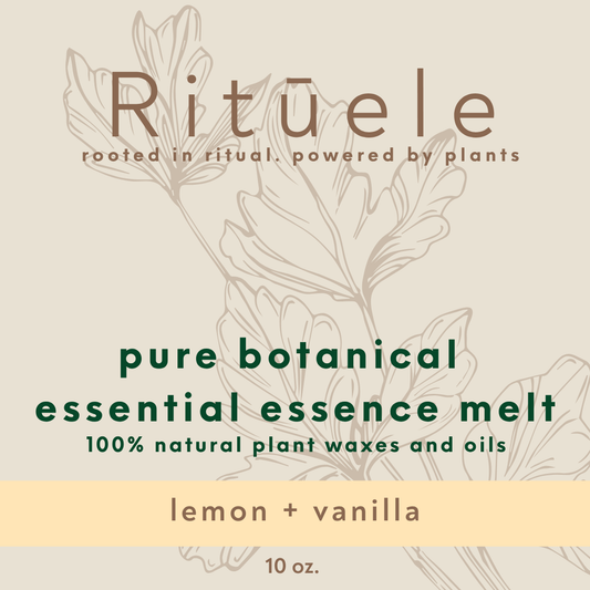 Ritèle pure botanical essential essence melt packaging with lemon and vanilla flavor on a beige background.