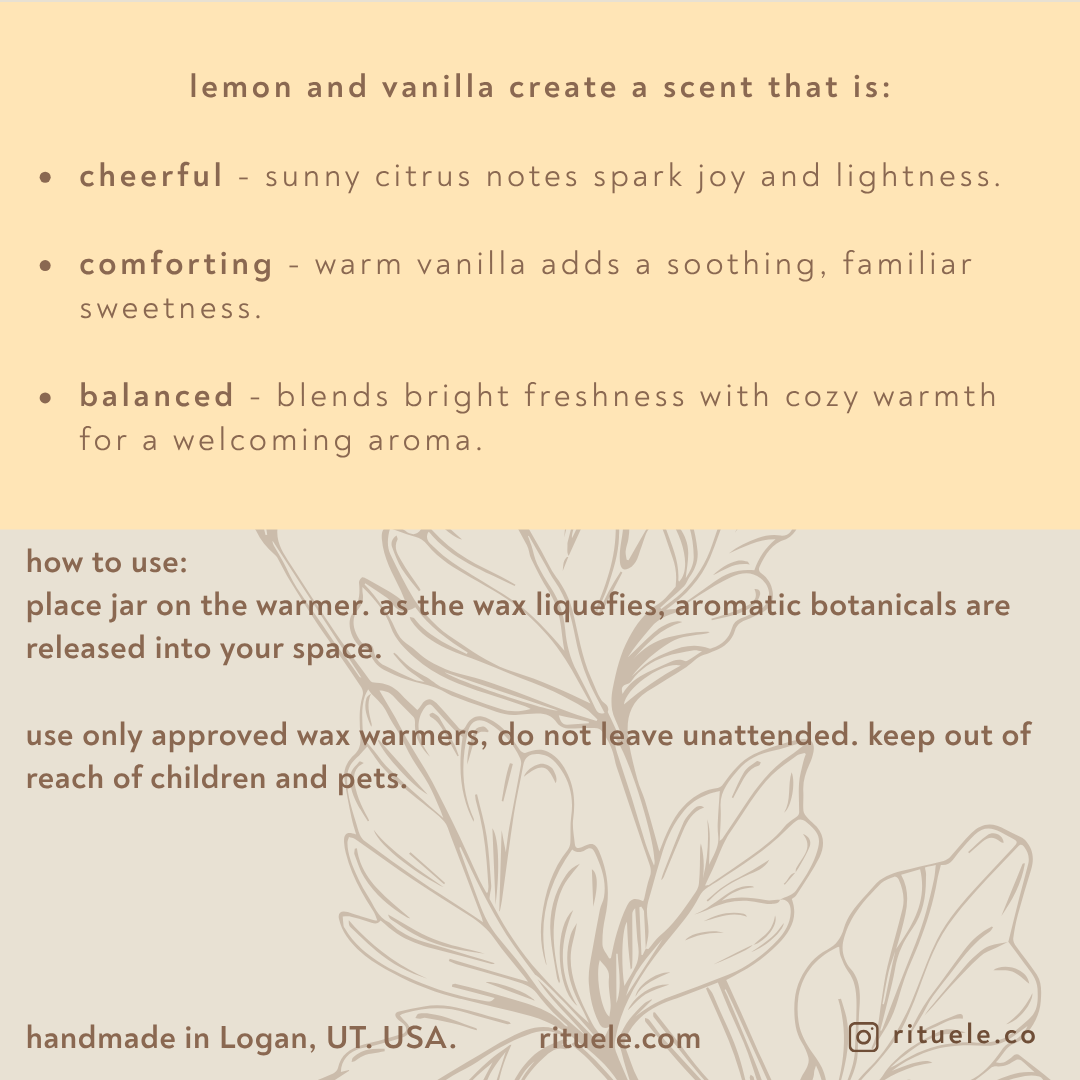 Text describing the scent profile, usage instructions, and branding of a product on a beige background with floral design.