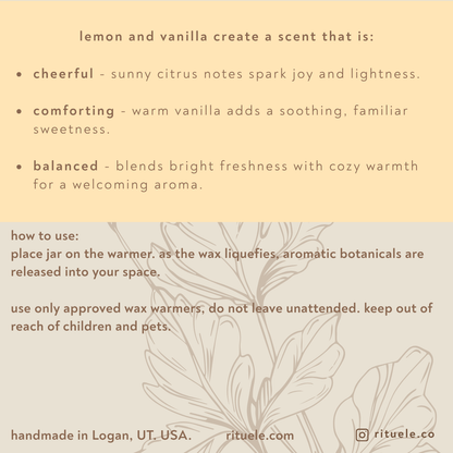 Text describing the scent profile, usage instructions, and branding of a product on a beige background with floral design.